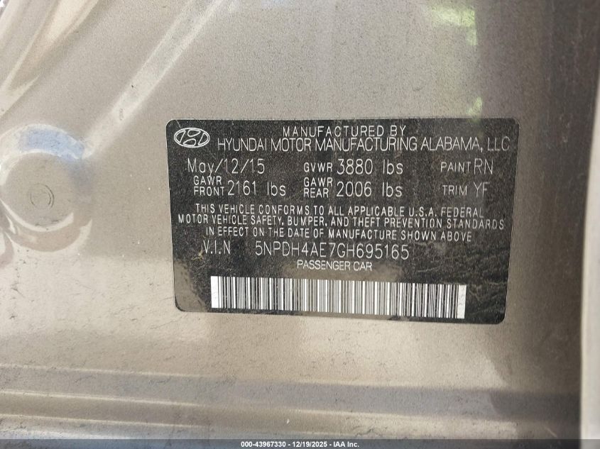 2016 Hyundai Elantra Se VIN: 5NPDH4AE7GH695165 Lot: 43967330