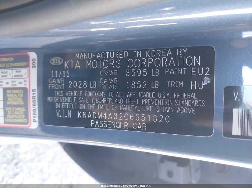 2016 Kia Rio Lx VIN: KNADM4A32G6651320 Lot: 43967333