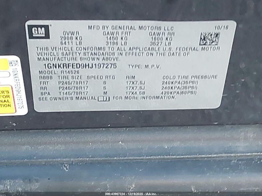 2017 Chevrolet Traverse Ls VIN: 1GNKRFED9HJ197275 Lot: 43967334