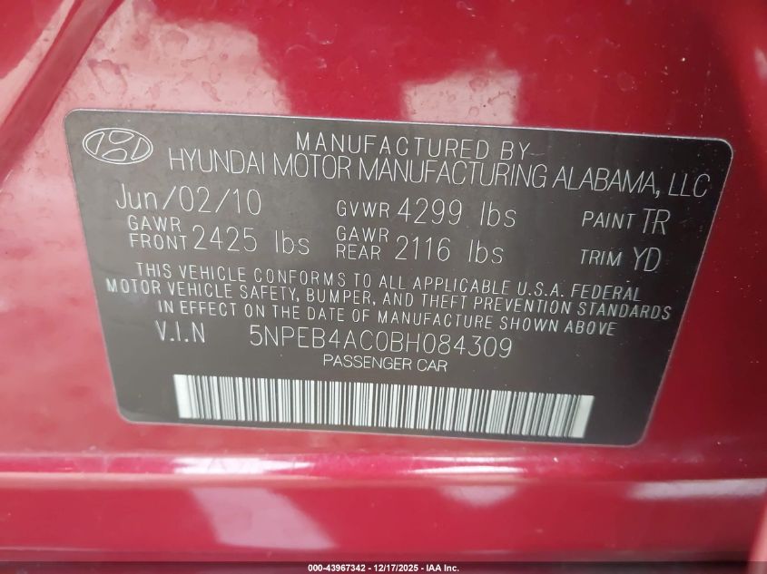 2011 Hyundai Sonata Gls VIN: 5NPEB4AC0BH084309 Lot: 43967342