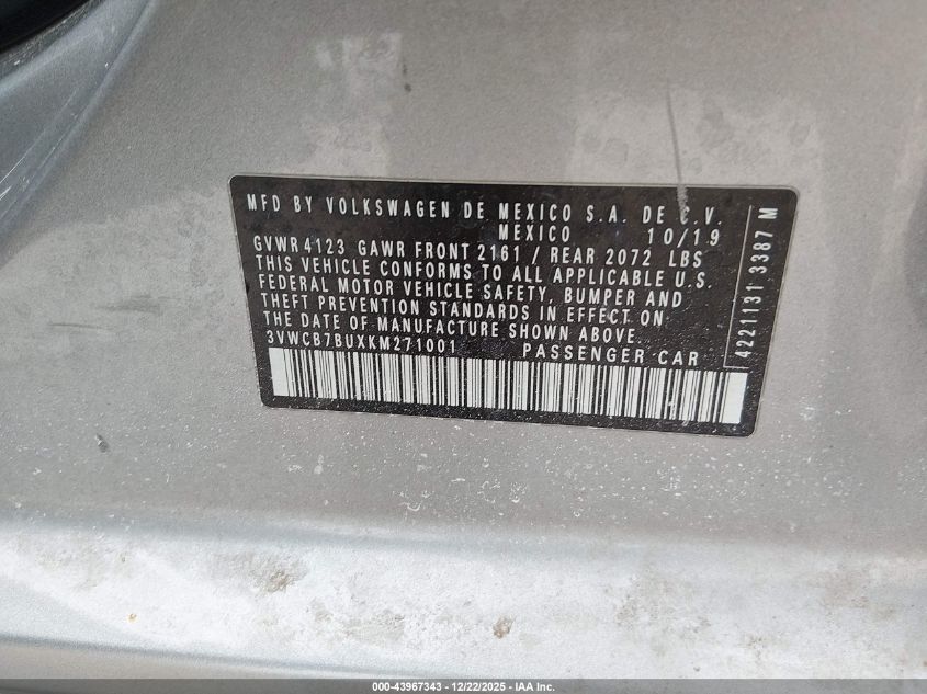 2019 Volkswagen Jetta 1.4T R-Line/1.4T S/1.4T Se VIN: 3VWCB7BUXKM271001 Lot: 43967343