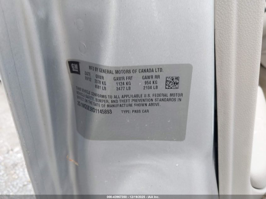 2013 Chevrolet Impala Lt VIN: 2G1WG5E38D1145893 Lot: 43967350