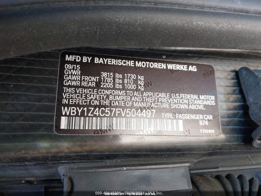 2015 BMW I3 Base W/Range Extender VIN: WBY1Z4C57FV504497 Lot: 43967351
