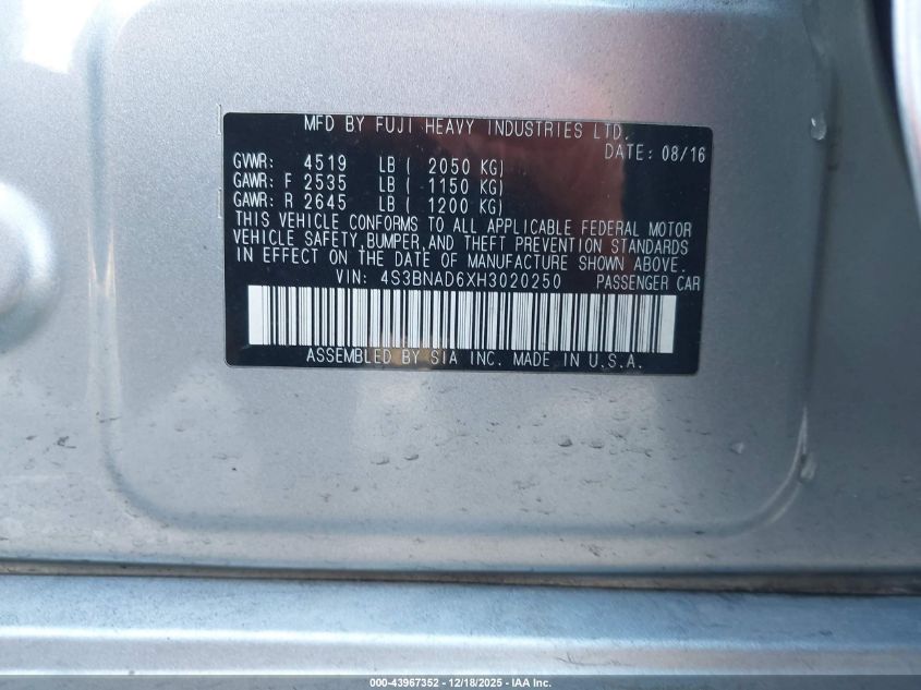2017 Subaru Legacy 2.5I Premium VIN: 4S3BNAD6XH3020250 Lot: 43967352