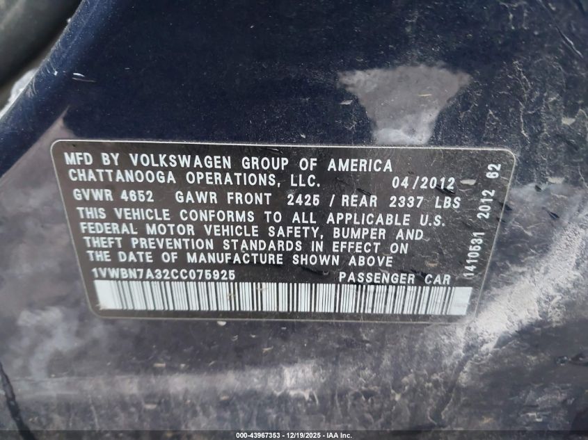 2012 Volkswagen Passat 2.0L Tdi Se VIN: 1VWBN7A32CC075925 Lot: 43967353