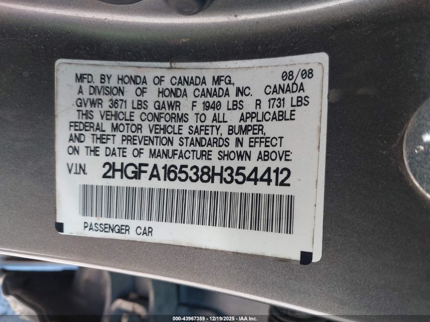 2008 Honda Civic Lx VIN: 2HGFA16538H354412 Lot: 43967359