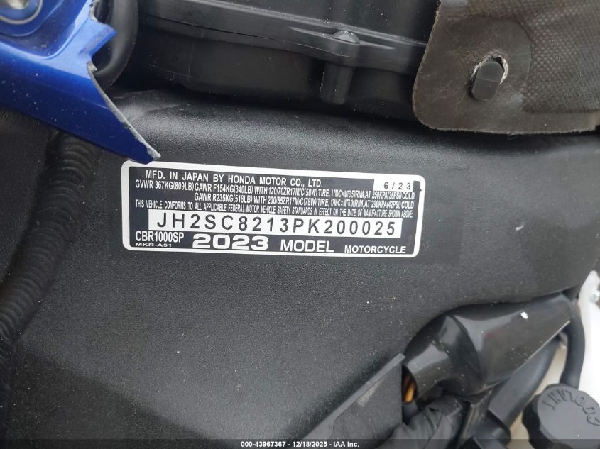 2023 Honda Cbr1000 Sp VIN: JH2SC8213PK200025 Lot: 43967367