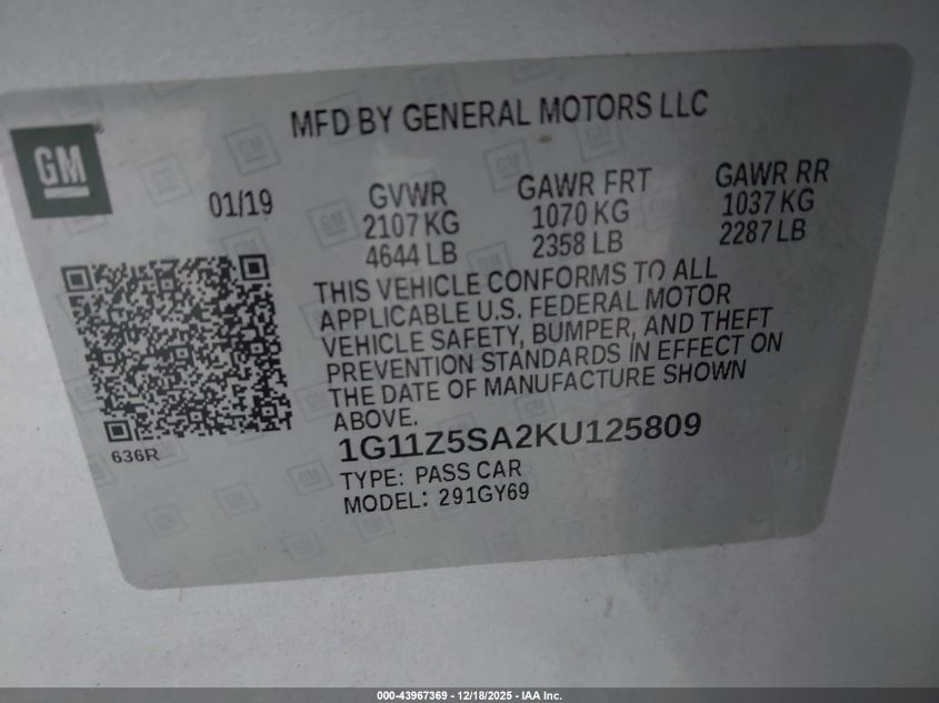2019 Chevrolet Impala Lt VIN: 1G11Z5SA2KU125809 Lot: 43967369