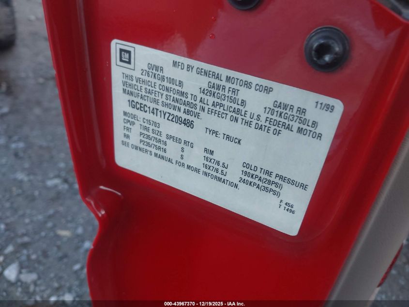 2000 Chevrolet Silverado 1500 Ls VIN: 1GCEC14T1YZ209486 Lot: 43967370