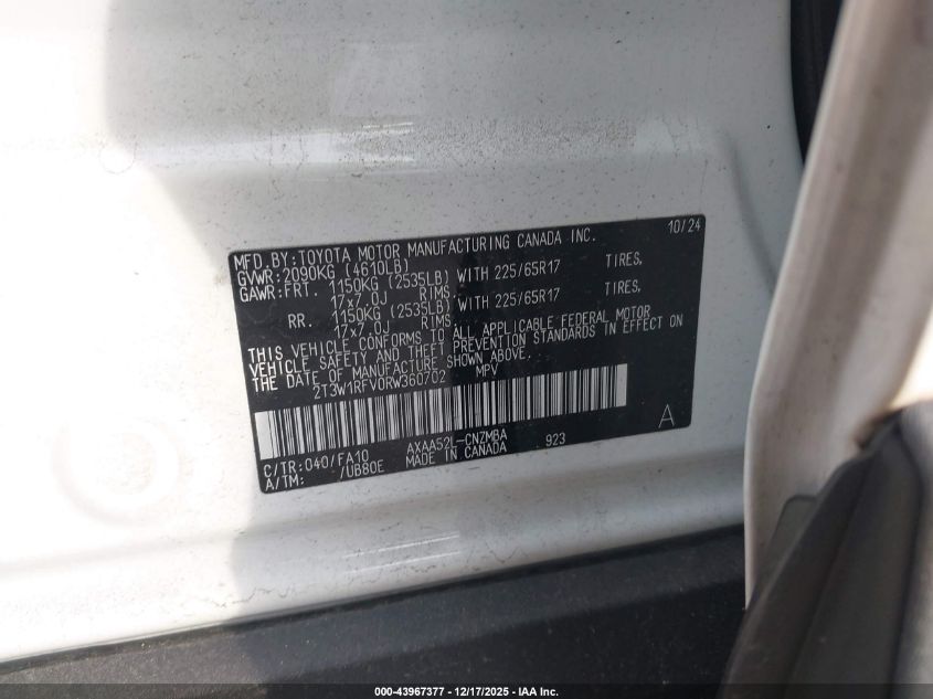 2024 Toyota Rav4 Xle VIN: 2T3W1RFV0RW360702 Lot: 43967377