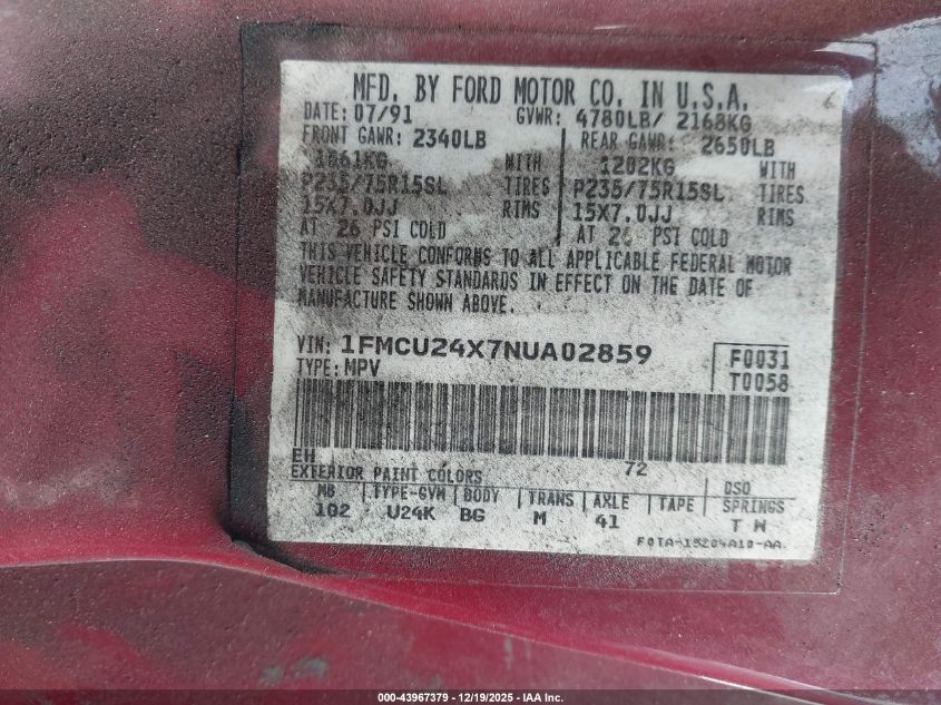 1992 Ford Explorer VIN: 1FMCU24X7NUA02859 Lot: 43967379