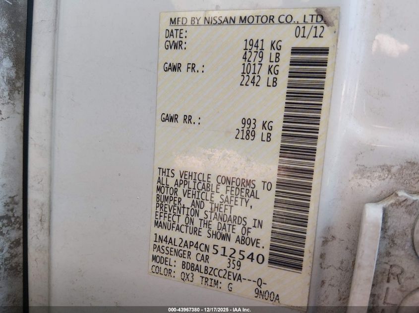 2012 Nissan Altima 2.5 S VIN: 1N4AL2AP4CN512540 Lot: 43967380