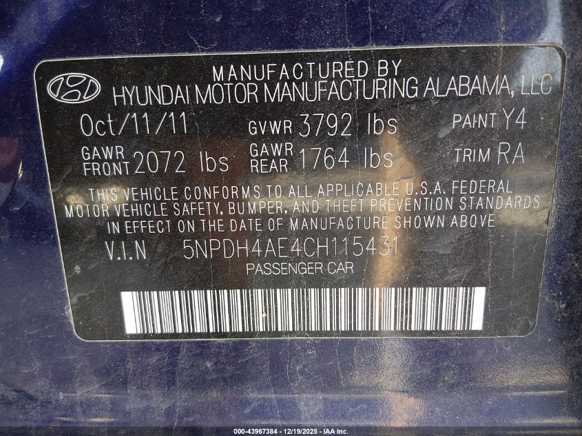 2012 Hyundai Elantra Gls VIN: 5NPDH4AE4CH115431 Lot: 43967384