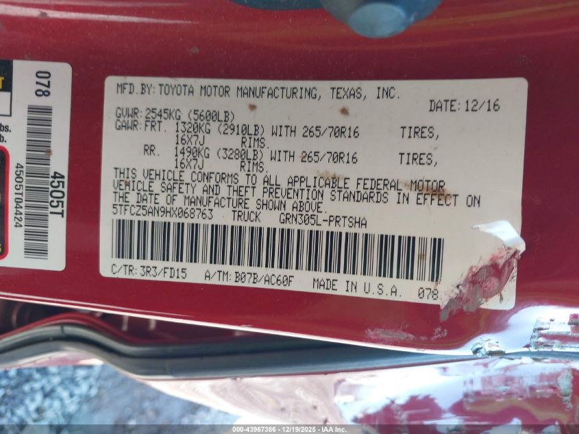 2017 Toyota Tacoma Trd Off Road VIN: 5TFCZ5AN9HX068763 Lot: 43967386