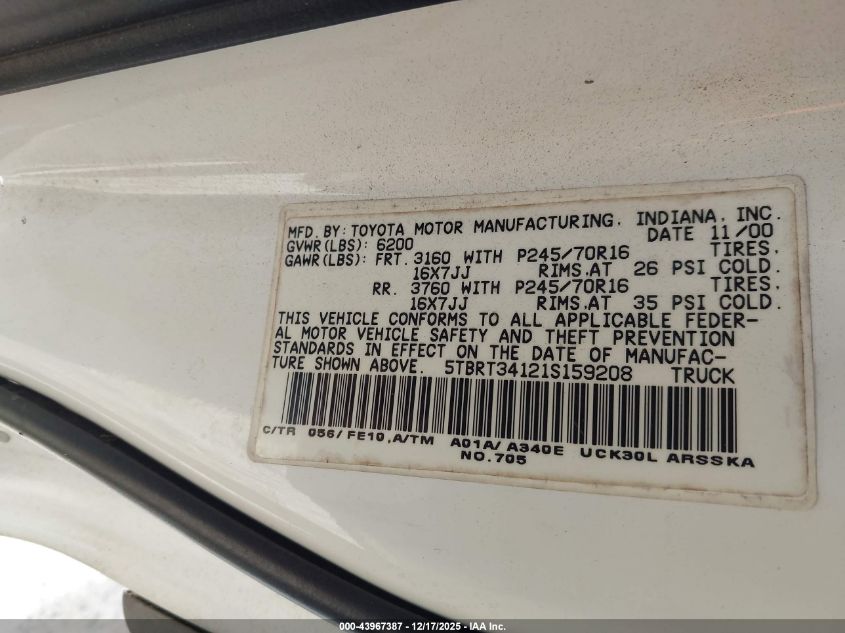 2001 Toyota Tundra Sr5 V8 VIN: 5TBRT34121S159208 Lot: 43967387