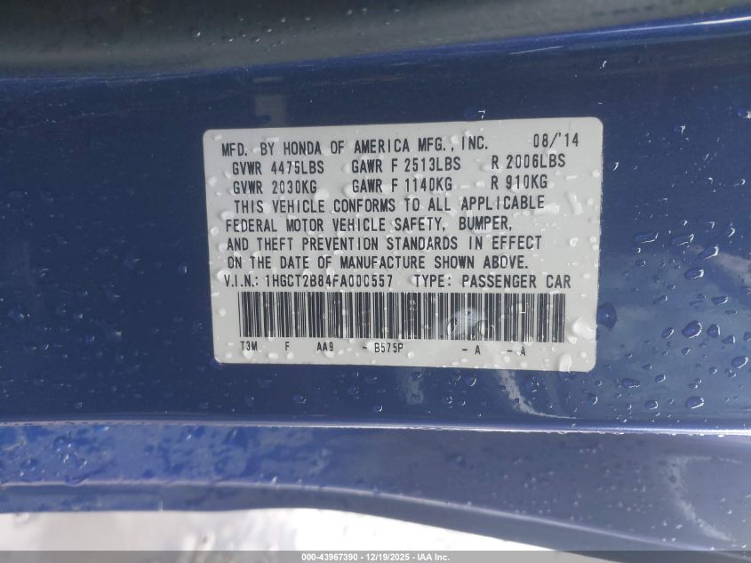 2015 Honda Accord Ex-L V-6 VIN: 1HGCT2B84FA000557 Lot: 43967390