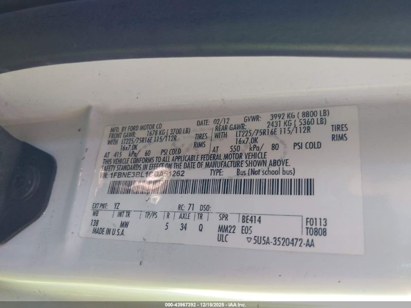 2012 Ford E-350 Super Duty Xlt VIN: 1FBNE3BL1CDA61262 Lot: 43967392