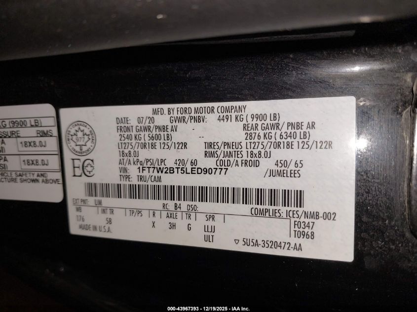 2020 Ford F-250 Lariat VIN: 1FT7W2BT5LED90777 Lot: 43967393