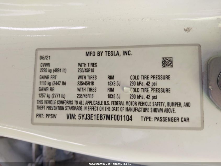 2021 Tesla Model 3 Long Range Dual Motor All-Wheel Drive VIN: 5YJ3E1EB7MF001104 Lot: 43967394