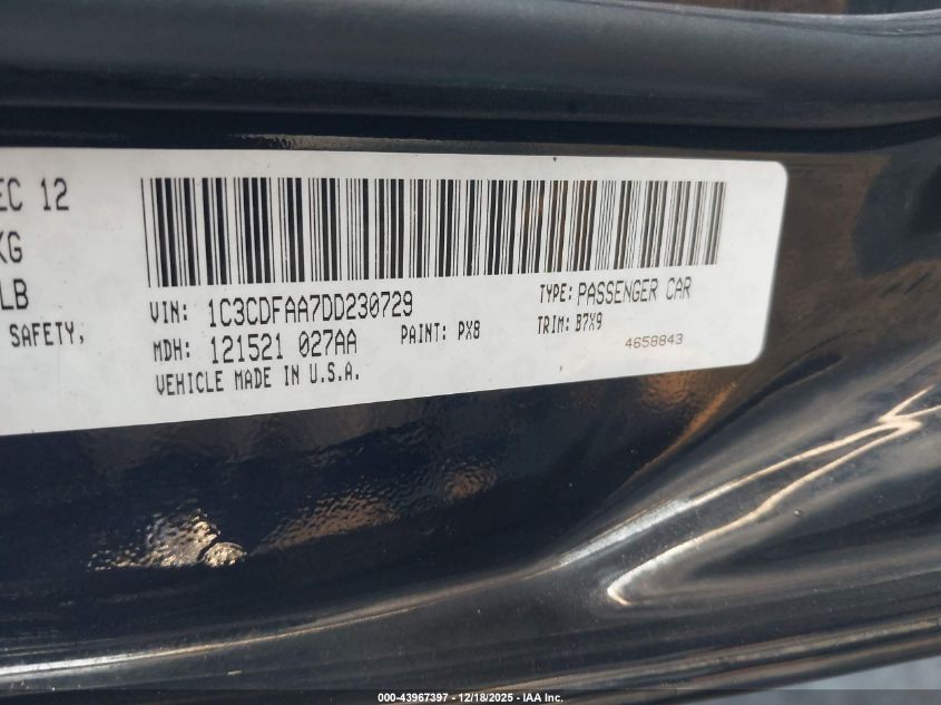 2013 Dodge Dart Se VIN: 1C3CDFAA7DD230729 Lot: 43967397