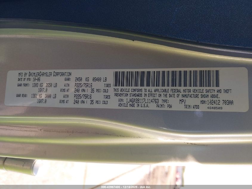 2007 Jeep Wrangler Unlimited X VIN: 1J4GA39117L114763 Lot: 43967400