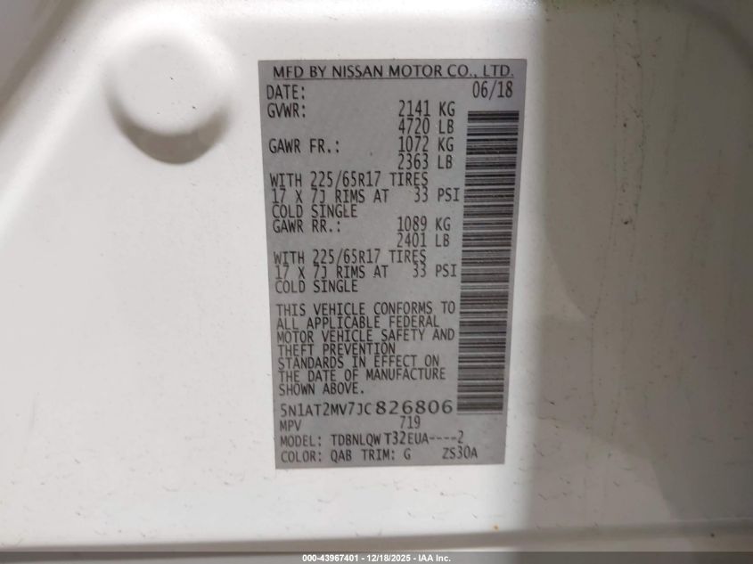 2018 Nissan Rogue Sv VIN: 5N1AT2MV7JC826806 Lot: 43967401