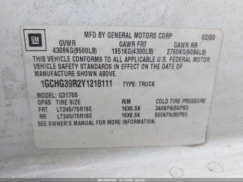 2000 Chevrolet Express VIN: 1GCHG39R2Y1218111 Lot: 43967402