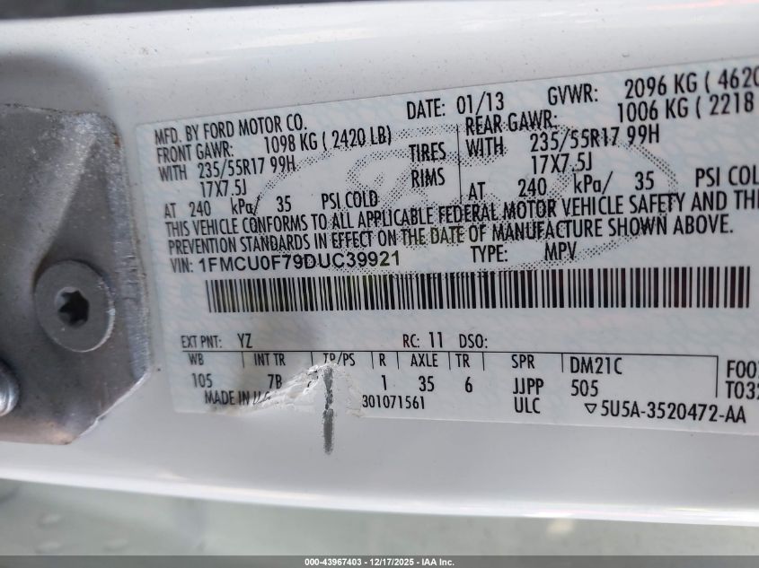 2013 Ford Escape S VIN: 1FMCU0F79DUC39921 Lot: 43967403