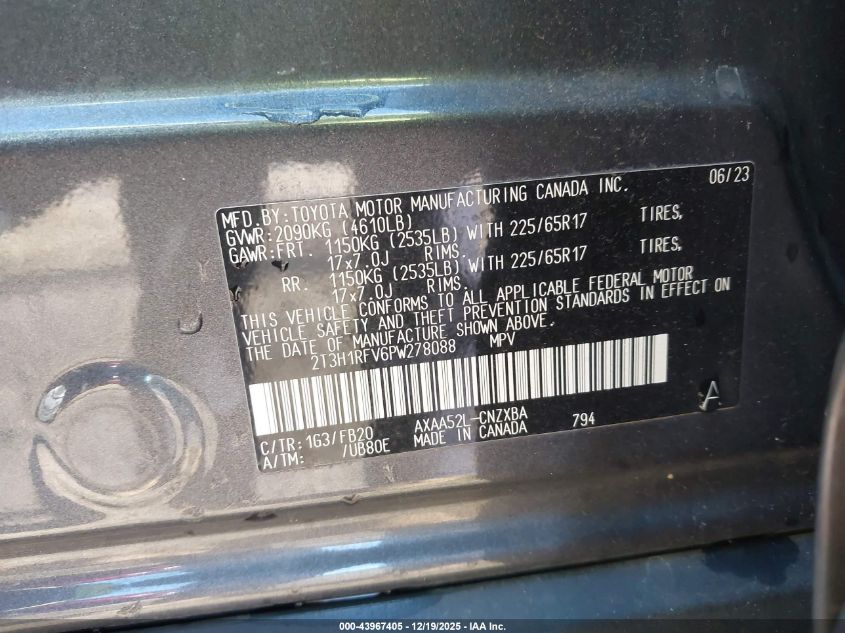 2023 Toyota Rav4 Le VIN: 2T3H1RFV6PW278088 Lot: 43967405