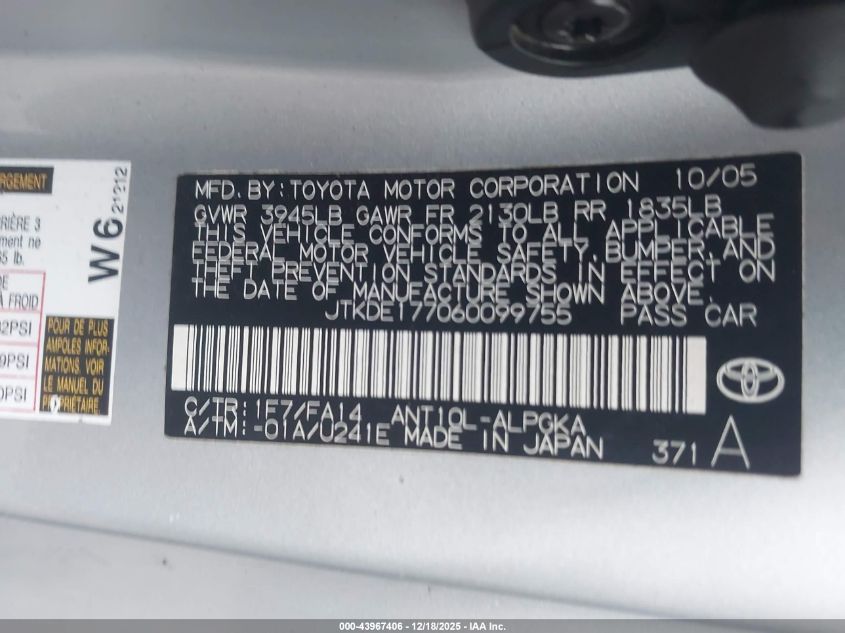 2006 Scion Tc VIN: JTKDE177060099755 Lot: 43967406