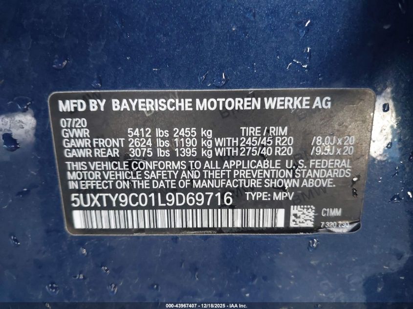 2020 BMW X3 M40I VIN: 5UXTY9C01L9D69716 Lot: 43967407