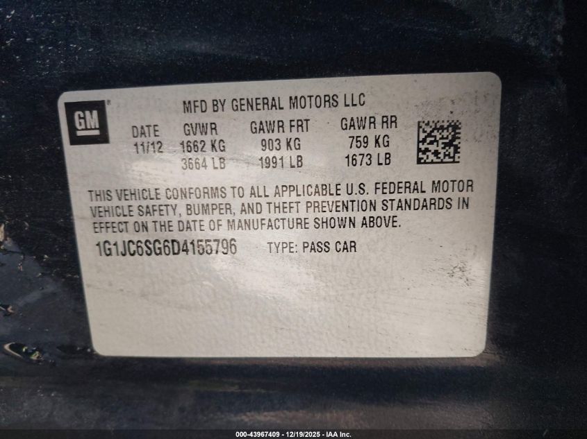 2013 Chevrolet Sonic Lt Auto VIN: 1G1JC6SG6D4155796 Lot: 43967409