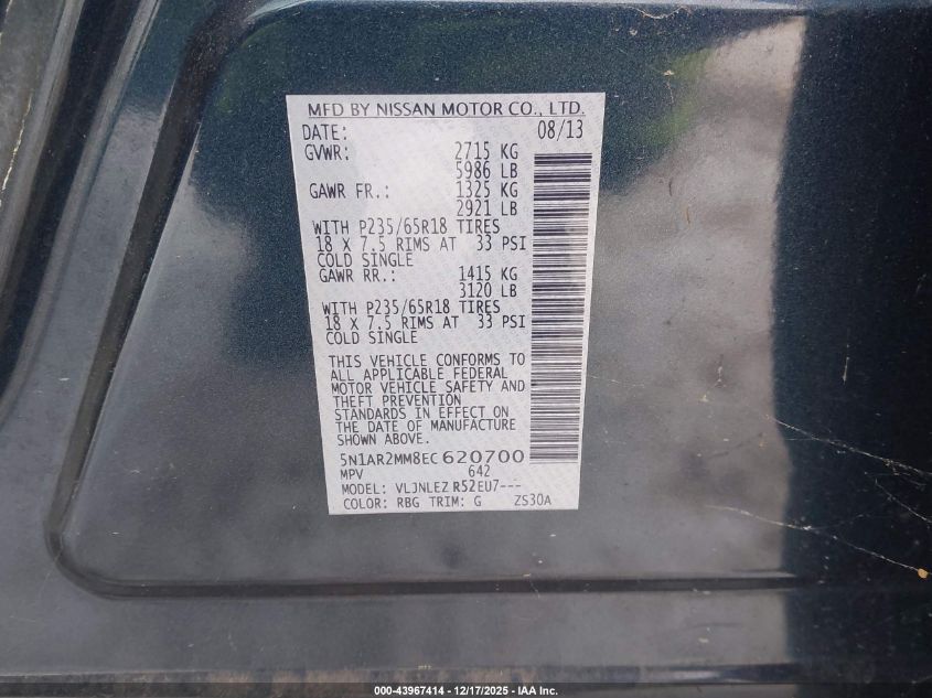 2014 Nissan Pathfinder Sv VIN: 5N1AR2MM8EC620700 Lot: 43967414