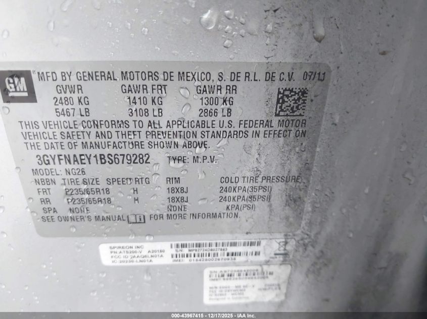 2011 Cadillac Srx Luxury Collection VIN: 3GYFNAEY1BS679282 Lot: 43967415