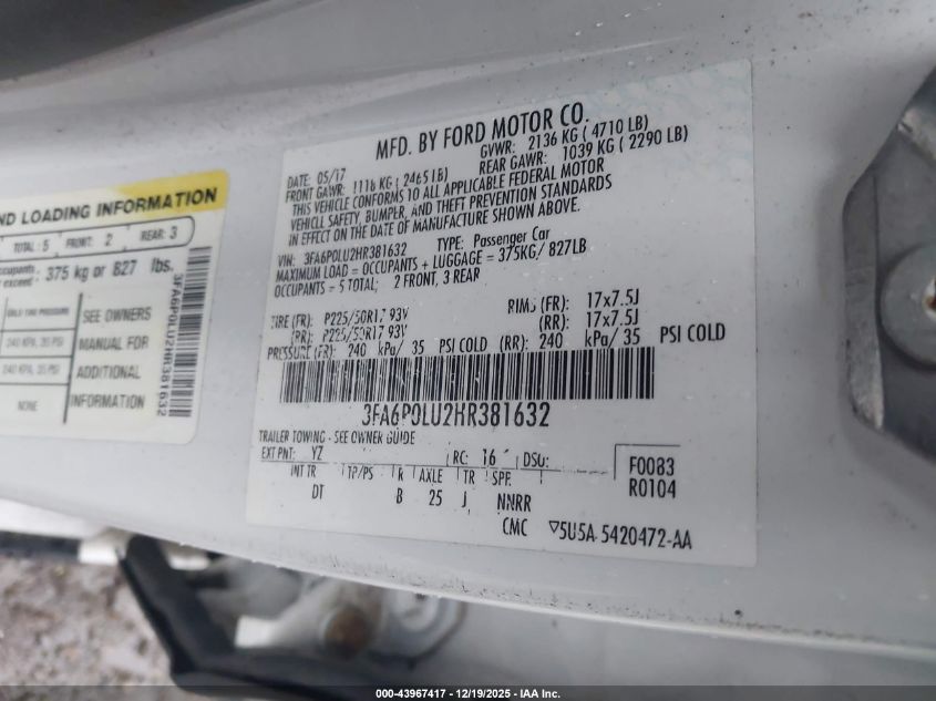 2017 Ford Fusion Hybrid Se VIN: 3FA6P0LU2HR381632 Lot: 43967417