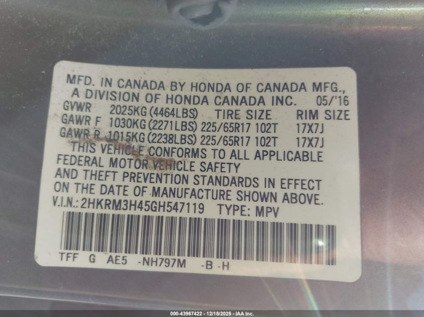 2016 Honda Cr-V Se VIN: 2HKRM3H45GH547119 Lot: 43967422