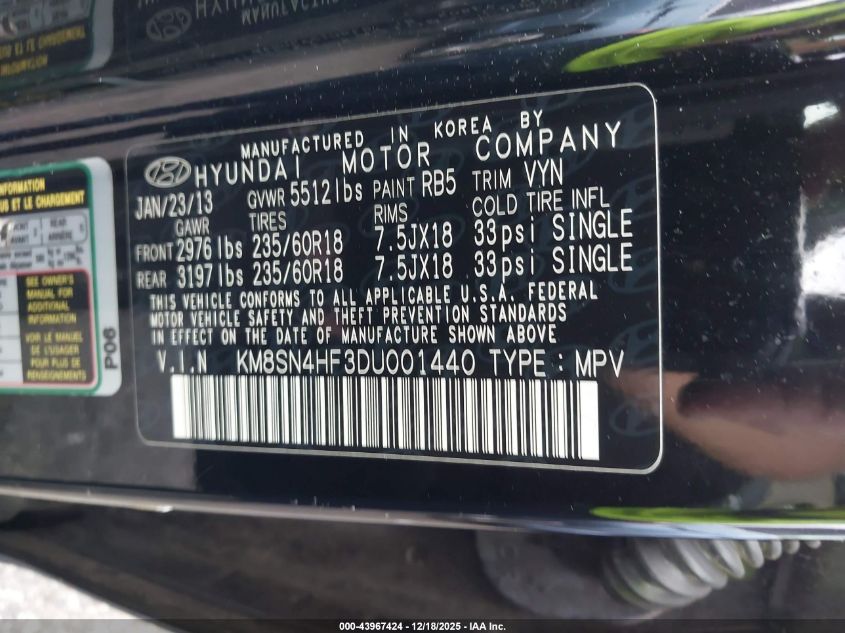 2013 Hyundai Santa Fe Gls VIN: KM8SN4HF3DU001440 Lot: 43967424