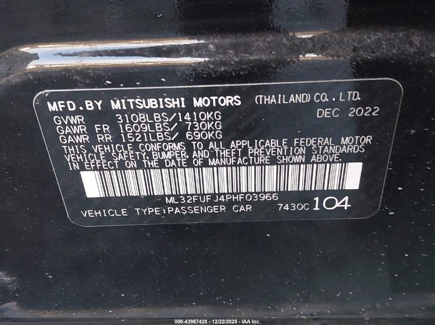 2023 Mitsubishi Mirage G4 Es VIN: ML32FUFJ4PHF03966 Lot: 43967428