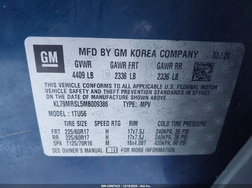 2021 Chevrolet Trailblazer Awd Lt VIN: KL79MRSL5MB009386 Lot: 43967433