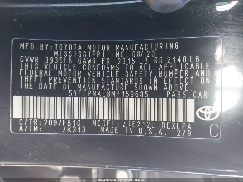 2021 Toyota Corolla Le VIN: 5YFEPMAE8MP159685 Lot: 43967436