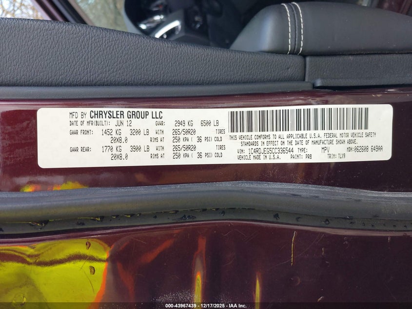 1C4RDJEG5CC336544 2012 Dodge Durango 3.6 Citadel brown