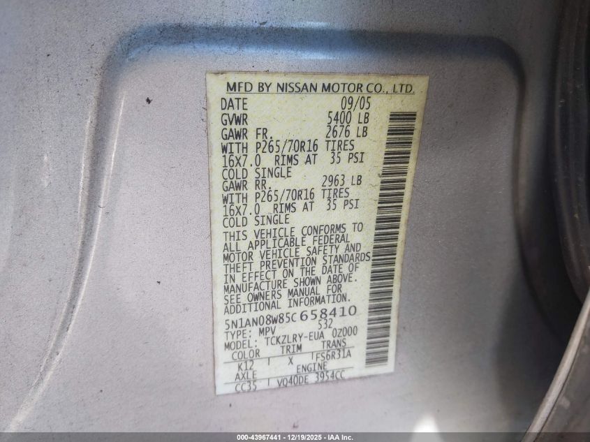 2005 Nissan Xterra S VIN: 5N1AN08W85C658410 Lot: 43967441