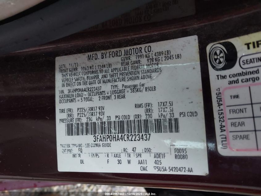 2012 Ford Fusion Se VIN: 3FAHP0HA4CR223437 Lot: 43967443