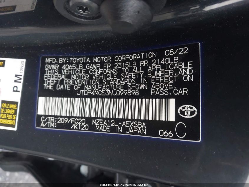 2022 Toyota Corolla Se VIN: JTDP4MCE3NJ099898 Lot: 43967442