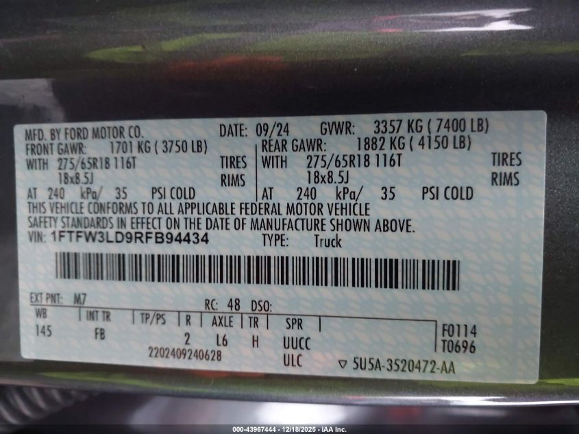 2024 Ford F-150 Xlt VIN: 1FTFW3LD9RFB94434 Lot: 43967444