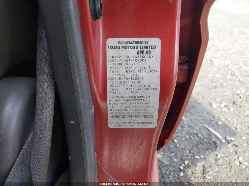 1999 Honda Passport Ex/Lx VIN: 4S6CM58W4X4418235 Lot: 43967445