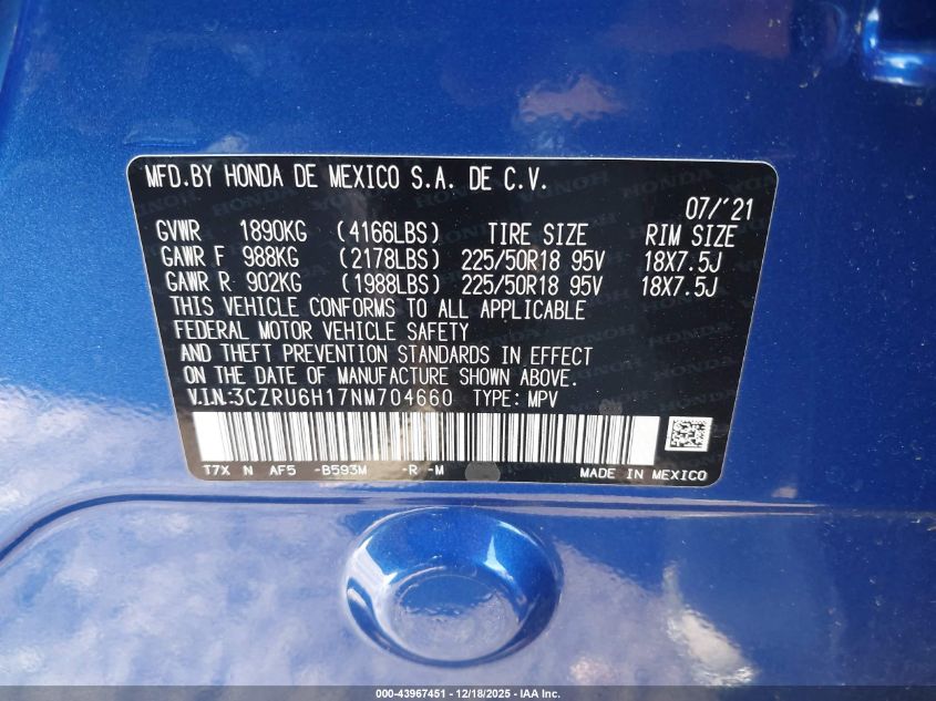 2022 Honda Hr-V Awd Sport VIN: 3CZRU6H17NM704660 Lot: 43967451