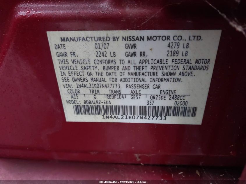 2007 Nissan Altima 2.5 S VIN: 1N4AL21E07N427733 Lot: 43967450