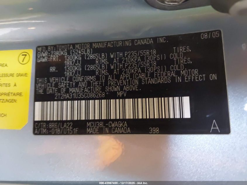 2005 Lexus Rx 330 VIN: 2T2HA31U35C086268 Lot: 43967455