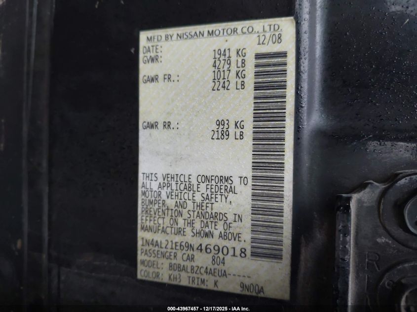 2009 Nissan Altima 2.5 S VIN: 1N4AL21E69N469018 Lot: 43967457